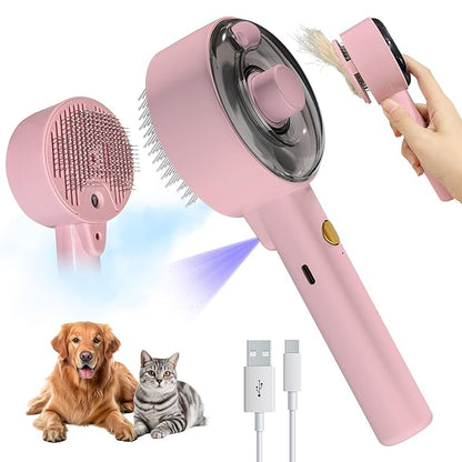 Donut 2-Gear Pet Steam Slicker Brush With UV, 4-in-1 Detangler Spray Dematting Brush For Shedding, Hair Remover With Release Button. For Indoor Long Or Short Hair Dogs, Cats, Rabbits. (Pink)