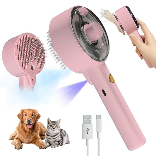 Donut 2-Gear Pet Steam Slicker Brush With UV, 4-in-1 Detangler Spray Dematting Brush For Shedding, Hair Remover With Release Button. For Indoor Long Or Short Hair Dogs, Cats, Rabbits. (Pink)