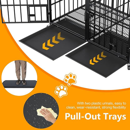 42 Inch Metal Dog Crate for Large Dogs,Heavy Duty Dog Cage Kennel Indoor with Divider Panel, Lockable Wheels, Indestructible Drop Cages for Dogs with Removable Tray, Escape Proof Locks