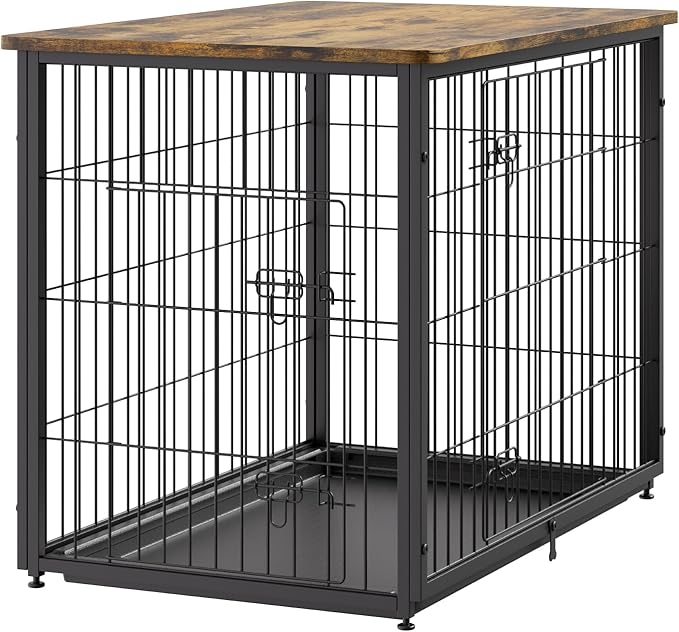 VEVOR 33" Dog Crate Furniture, Dog Kennel Furniture with Double Doors, 2-in-1 Decorative Wooden Dog Crate with Removable Tray, Dog Crate End Table Hold up to 45 lbs for Small, Medium Dogs Brown