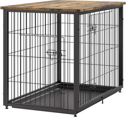 VEVOR 33" Dog Crate Furniture, Dog Kennel Furniture with Double Doors, 2-in-1 Decorative Wooden Dog Crate with Removable Tray, Dog Crate End Table Hold up to 45 lbs for Small, Medium Dogs Brown