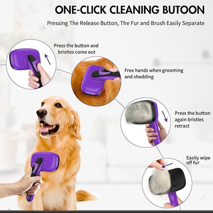 5 PCS Dog Grooming Brush Kit  Self Cleaning Slicker Brush for Shedding Short & Long Haired Dogs & Cats. Removes Loose Fur, Undercoat, Mats, Tangles for Small, Medium & Large Pets. Purple