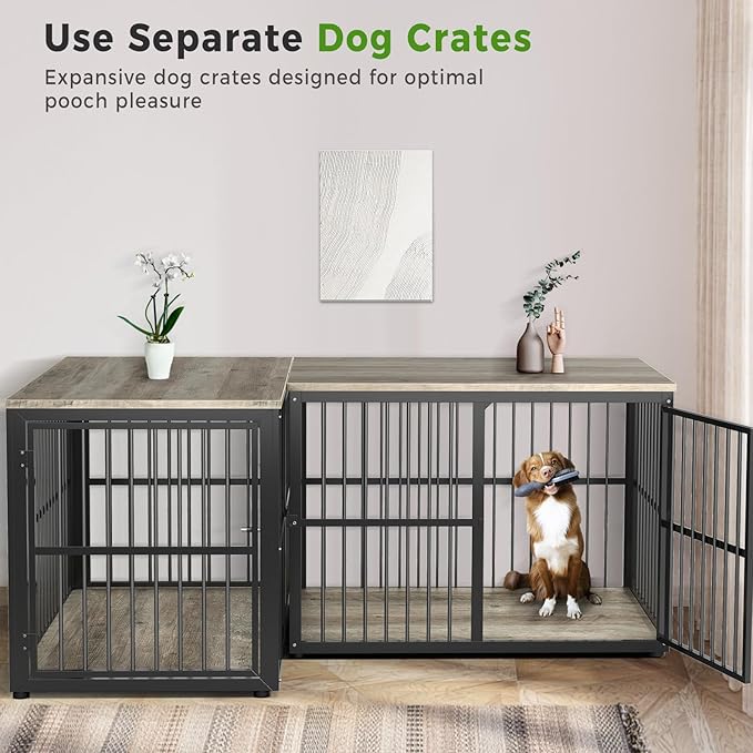 43'' L-Shaped Corner Dog Crate Furniture Large Breed with Double Rooms,Wooden Dog Crate End Table Indoor with Removable Divider for Small to Medium Dogs, Can Use Separately