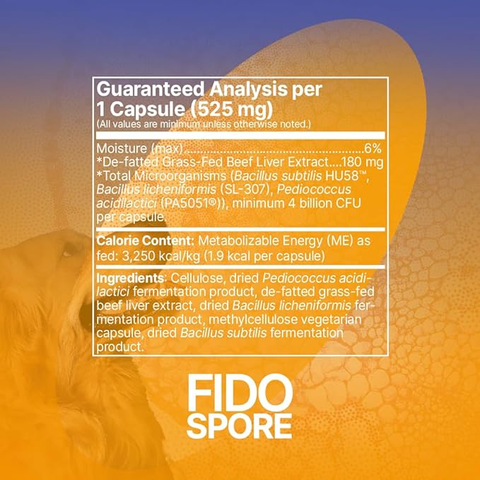 Microbiome Labs Fidospore - Dog Probiotics for Digestive Health & Immune Support - Spore-Forming Pet Probiotics for Dogs & Cats Gut Health - Flavored with Grass Fed Beef Liver (30 Capsules)