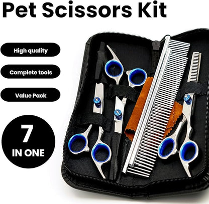 7 in 1 Dog Grooming Scissors Set with Safety Round Head, Sharp and Durable, with Two Stainless Steel Combs, Pet Grooming Scissors for Cats and Dogs