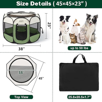 Love's cabin Pet Puppy Dog Playpen, Large Dog Tent Crates Cage Indoor/Outdoor, Portable Playpen for Cat, Foldable Pop Up Dog Kennel Playpen with Carring Case, Removable Zipper Top, Olive Green