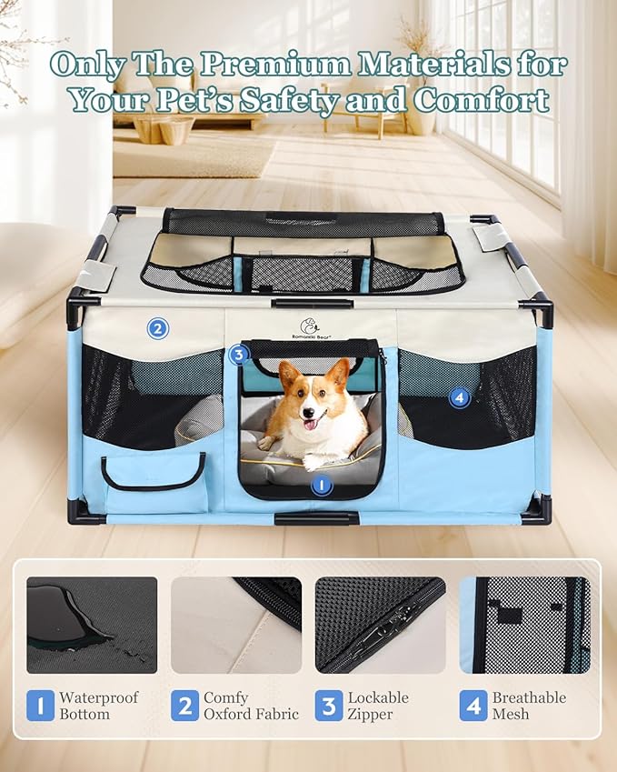 Dog Playpen, Sturdy Puppy Playpens, 39x24x22 Inches Portable Soft Cat Kennel Crate, Indoor & Outdoor Pet Pen with PVC Pipe Frame, Lightweight Cage for Small Animals with Carrying Bag (Blue L)