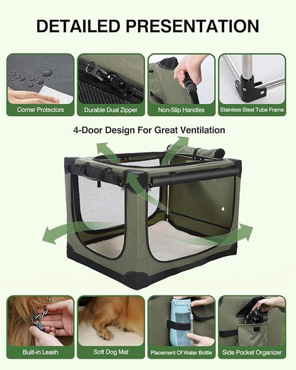 42 Inch Collapsible Travel Dog Crate for Medium Large Dogs, Portable Dog Crate 4-Door Foldable Soft Kennel with Chew-Proof Mesh Windows for Indoor & Outdoor Travel,with Storage Bag,Green