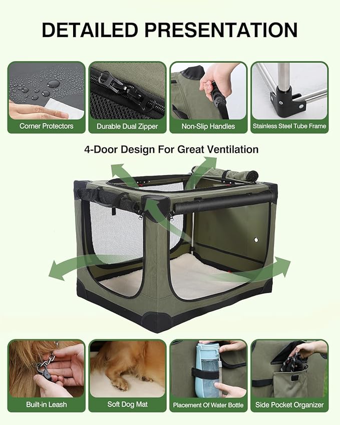 36 Inch Collapsible Travel Dog Crate for Medium Large Dogs, Portable Dog Crate 4-Door Foldable Soft Kennel with Chew-Proof Mesh Windows for Indoor & Outdoor Travel,with Storage Bag,Green