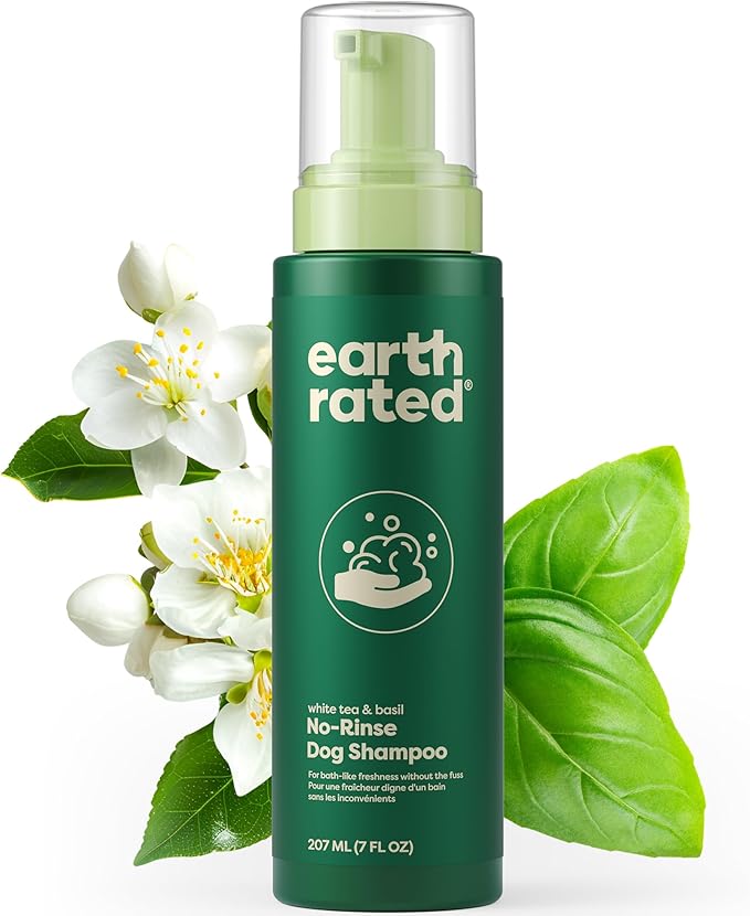 Earth Rated Waterless Dog Shampoo, Convenient No-Rinse Wash for Cleaning, Conditioning & Detangling, for All Coat Types, Refreshing White Tea and Basil Scent, 7 oz