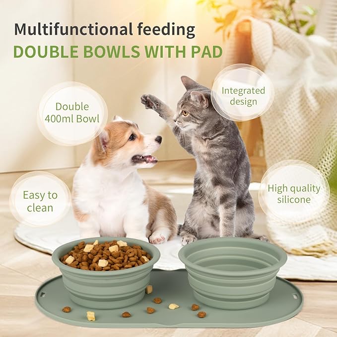Puppy Dog Bowl,Travel Bowls Dog Food Bowls&Dog Water Bowls,No Spills,Collapsible Double Bowl,Suitable for Small and Medium Sized Dogs(Green)