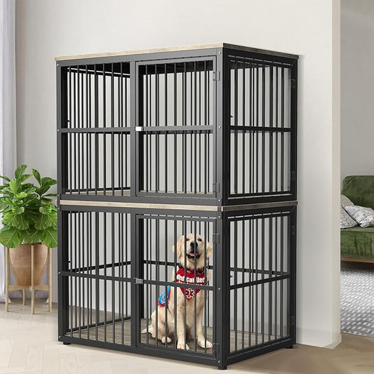 43'' Stackable Dog Crate Furniture Large Breed with Double Rooms,Wooden Dog Crate Heavy Duty Dog Kennel Indoor with Removable Divider for Small to Medium Dogs, Can Use Separately