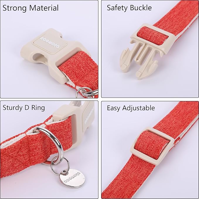 DOGWONG Cotton Hemp Dog Collar, Heavy-Duty Adjustable Soft Natural Fabric Puppy Necklace for Small to Large Dogs