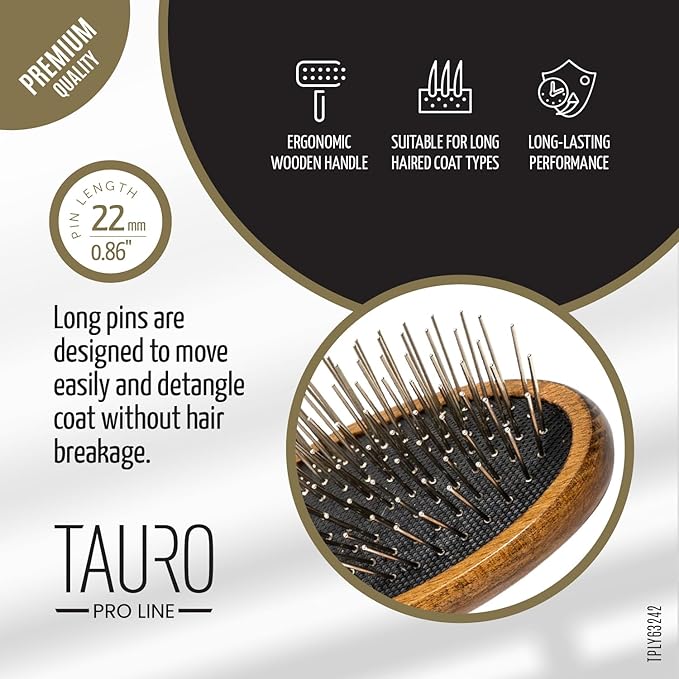 TAURO PRO LINE Wooden Dog Brush for Detangle Long and Short Hair, Wooden Soft Massage Brush for Grooming Haired Dogs and Cats, Flexible Cushion and Non-Slip Grip, Oval, 8,66 x 2,36 inch, Brown
