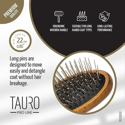 TAURO PRO LINE Wooden Dog Brush for Detangle Long and Short Hair, Wooden Soft Massage Brush for Grooming Haired Dogs and Cats, Flexible Cushion and Non-Slip Grip, Oval, 8,66 x 2,36 inch, Brown