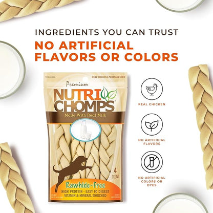 NutriChomps Dog Chews, 6-inch Braids, Easy to Digest, Long Lasting, Rawhide-Free Dog Treats, Healthy, 4 Count, Real Milk flavor