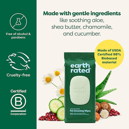 Earth Rated Pet Grooming Wipes for Dogs and Cats, Hypoallergenic, 3-in-1 Cleaning, Deodorizing and Hydrating, for Paws, Body and Butt, New White Tea and Basil Scent, 100 Count