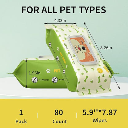 PET Wipes for Dogs & Cats, Cleaning and Hydrating, Unscented, for Paws, Body and Butt - Hypoallergenic & Vet Recommended, Safe for All Breeds, 80 Count