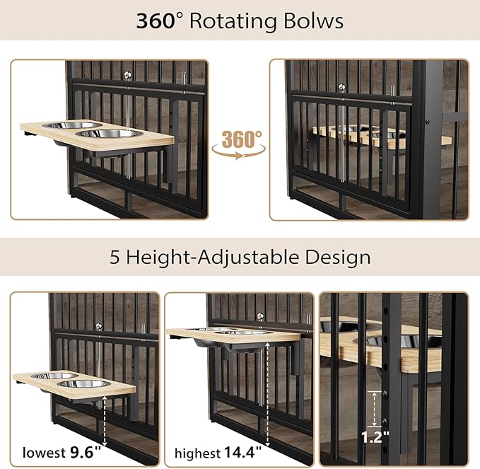 Rovibek 48 Inch Large Dog Crate with 2 Height Adjustable Dog Bowls 360° Rotatable, Extra Large Dog Kennel Indoor as End Table, Dog Cage Furniture for Large Dogs, Heavy Duty, Grey
