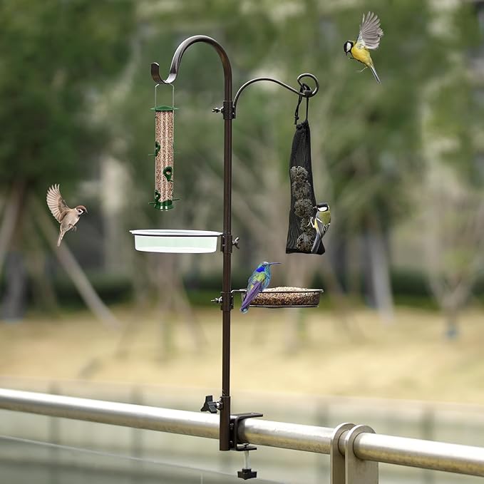 Deck Bird Feeding Station | Premium Multi Feeder Hanging Kit with Bird Bath & Sock Feeder | Attracts Wild Birds, Planter Hanger Hook for Outdoor Deck, Patio, Garden