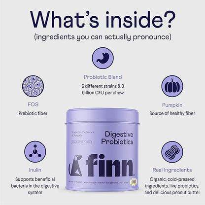 Finn Digestive Probiotics for Dogs - Complete Digestive System Support with Pumpkin, Prebiotics, & Live Probiotics - Vet Recommended & Made in The USA - 90 Soft Chews (Peanut Butter)