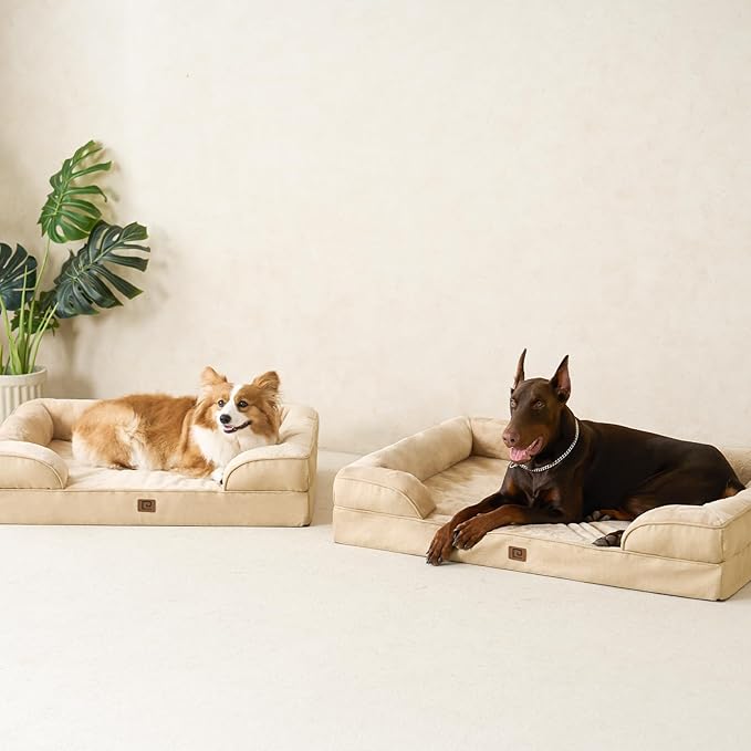 EHEYCIGA Orthopedic Dog Beds for Large Dogs, Waterproof Memory Foam Large Dog Bed with Sides, Non-Slip Bottom and Egg-Crate Foam Large Dog Couch Bed with Washable Removable Cover, Greige