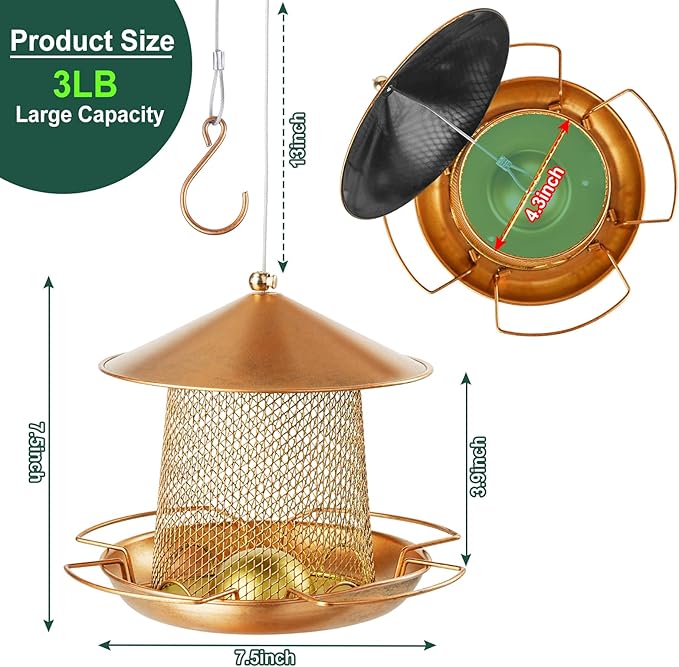 LBTING Bird Feeder for Outside, Metal Lantern-Shaped Bird Feeder, Squirrel Proof Wild Bird Feeders for Hanging Outdoor Garden Yard, Bright Gold