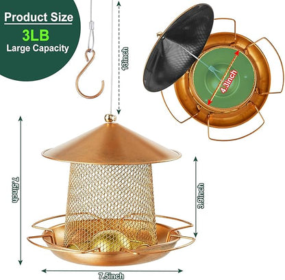 LBTING Bird Feeder for Outside, Metal Lantern-Shaped Bird Feeder, Squirrel Proof Wild Bird Feeders for Hanging Outdoor Garden Yard, Bright Gold