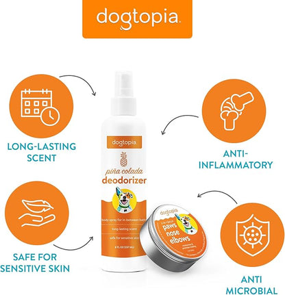 3-in-1 Paw Balm & Deodorizer Spray - Between Baths Bundle for Pets | Moisturizing Balm for Cracked Skin (2oz) & Long-Lasting Piña Colada Odor Eliminator (8oz) for Dogs & Cats