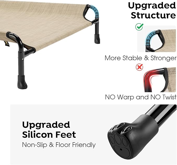 Veehoo Cooling Elevated Dog Bed, Raised Dog Beds for Large Dogs, Outdoor Dog Bed with Guardrail, Upgraded Non-Slip Feet, Breathable Teslin Mesh, Portable Camping Dog Cot, 53 x 33 Inches, Beige Coffee