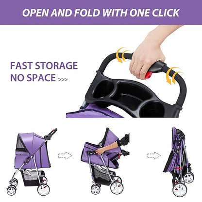 4 Wheels Pet Stroller for Small Medium Dogs Cats 33 lbs, Breathable Foldable Jogger Stroller with Storage Basket, Travel Puppy Stroller for All-Season, Move Pad & Protective Lock, Purple