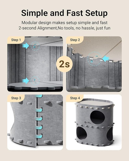 DownyPaws Cat House for Indoor Cats, 2-Storey Foldable Cat Bed Cave, Felt Cats Tunnel Bed Condo, Castle Kitten Cube Hideaway for Multicats, Scratch Resistant, Light Gray