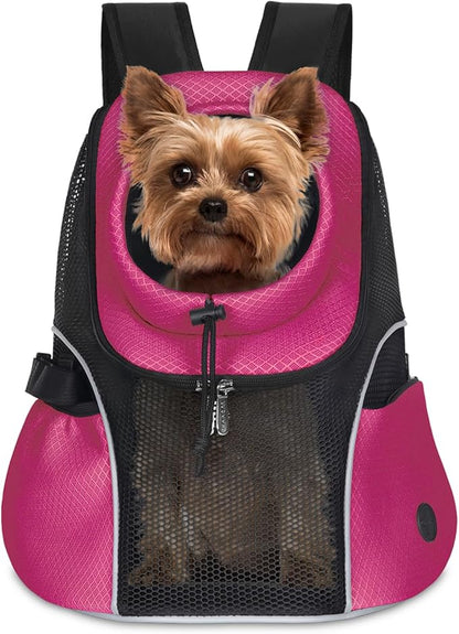 WOYYHO Pet Dog Carrier Backpack Small Dog Front Backpack Ventilated Mesh Dog Travel Back Pack with Safety Belt for Travel Hiking Cycling Outdoor Use (L (10-14 lbs), Rose)