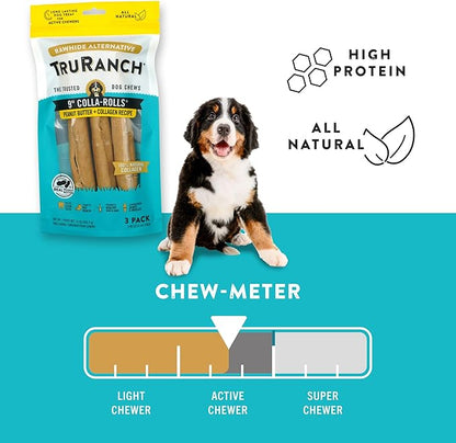 TRURANCH Collagen Rolls - 9" Collagen Rolls for Dogs - Long Lasting Healthy Joint Support Dog Treat - Rawhide Alternative - Skin & Coat Health - Made with Real Peanut Butter, 1 Bag, 3 Count
