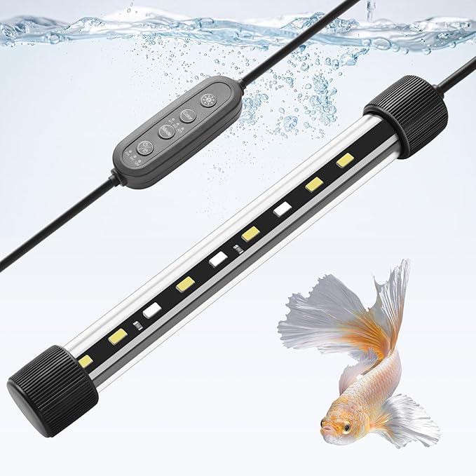 Dirvin 7inch Submersible Aquarium LED Light for Fish Tank, 24/7 Cycle Fish Tank Light with Timer, 9 LED Beads 3 Colors 3 Modes Brightness Adjustable, 3.5W