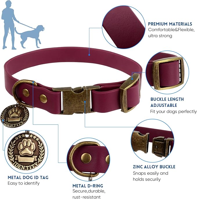 Wisedog Dog Collar and Leash Set, Waterproof Adjustable Puppy Collars with Cute Tag 6FT Dog Leash with Poop Bag for Small Medium Large Dogs (XL(Collar:16"- 25.5";Leash:6 ft), Burgundy)