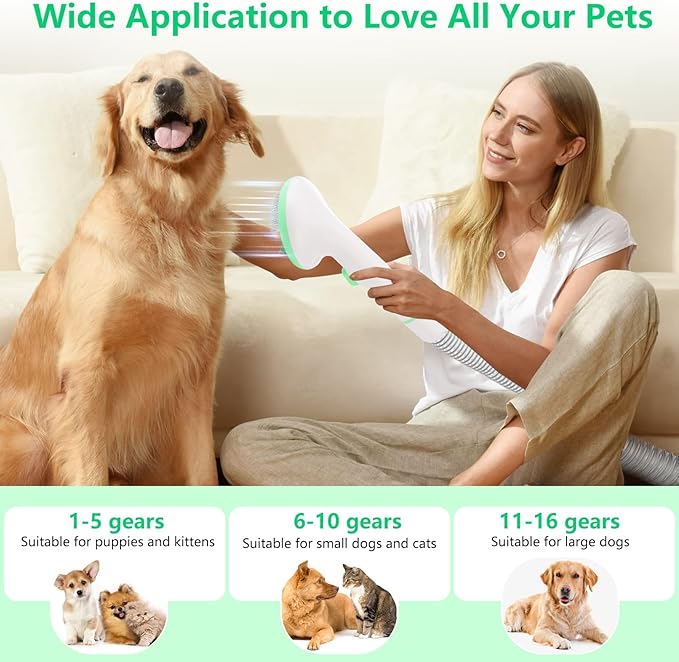 IDEALHOUSE Dog Hair Vacuum and Grooming Kit, 2L Dust Cup with 5 Grooming Tools, High Suction Power for Shedding Pet Hair, Low Noise for Stress-Free Grooming, Home Cleaning, White and Green