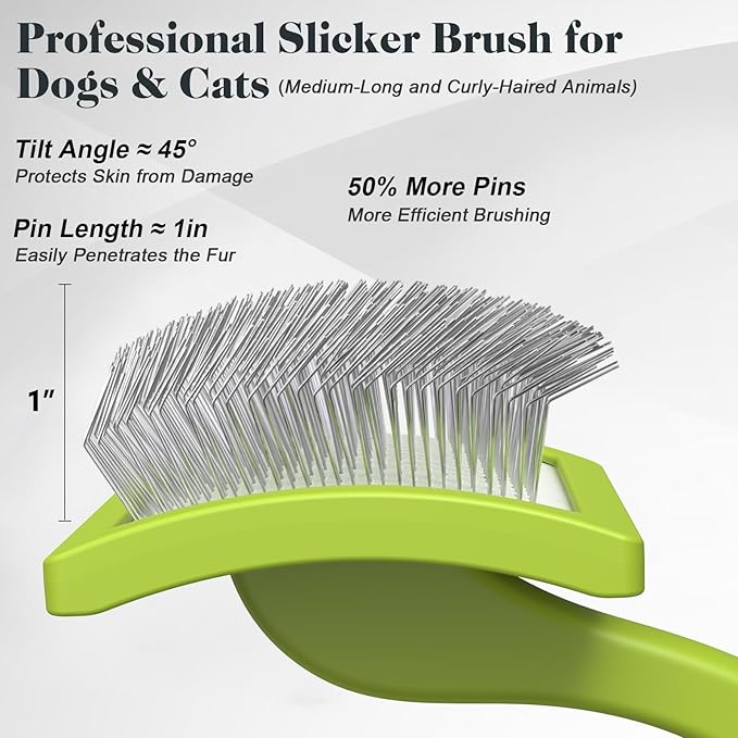 2PCS Slicker Brush for Dogs & Pet Comb,Professional Dog Grooming Brush (Goldendoodles,Poodles,Labradoodles) with Extra Long Pins to Effectively Remove Tangles, Knots and Mats (Green Large)