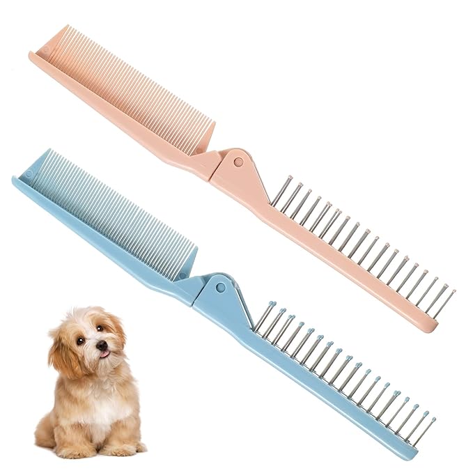 2 Pack Puppy Brush for Small Dogs Folding Dog Hair Grooming Brushes Dog Combs for Matting Hair Perfect Dematting Comb Tool for Shih Tzus, Yorkies, Maltipoos, and Small Breeds (Pink&Blue)