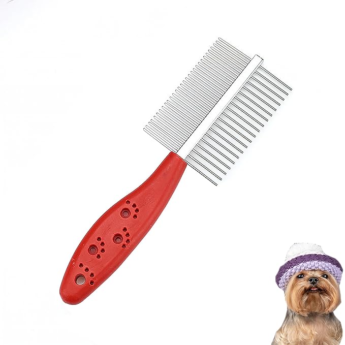 Dual Row Rubber Handle Dog Brush for Small Dogs -Grooming Tool for Puppies, Yorkies, Shih Tzus, Maltipoos & Maltese (Red)