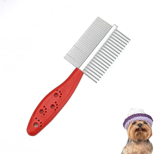 Dual Row Rubber Handle Dog Brush for Small Dogs -Grooming Tool for Puppies, Yorkies, Shih Tzus, Maltipoos & Maltese (Red)