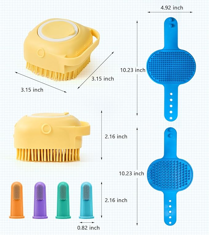 4PCS Dog Bath Brush  Soft Silicone Pet Grooming & Shampoo Scrubber for Dogs and Cats, Massage Brush for Bathing & Cleaning (Yellow & Blue)