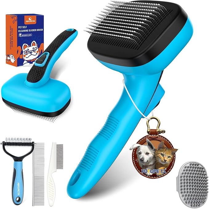 5 PCS Dog Grooming Brush Kit  Self Cleaning Slicker Brush for Shedding Short & Long Haired Dogs & Cats. Removes Loose Fur, Undercoat, Mats, Tangles. Suit for Small, Medium & Large Pets. Blue