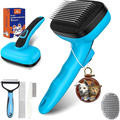 5 PCS Dog Grooming Brush Kit  Self Cleaning Slicker Brush for Shedding Short & Long Haired Dogs & Cats. Removes Loose Fur, Undercoat, Mats, Tangles. Suit for Small, Medium & Large Pets. Blue