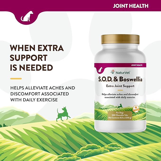 NaturVet S.O.D. & Boswellia Extra Joint Support Dog Supplement  Dog Hip Supplement  Helps Alleviate Aches, Pain  for Dog Flexibility, Healthy Joint Function  500 Ct. Chewable Tablets