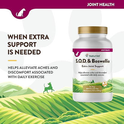 NaturVet S.O.D. & Boswellia Extra Joint Support Dog Supplement  Dog Hip Supplement  Helps Alleviate Aches, Pain  for Dog Flexibility, Healthy Joint Function  500 Ct. Chewable Tablets