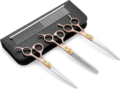 7 Inches Professional Pet Grooming Scissor, 440C Japanese Steel Straight & Curved & Thinning & Chunker Shears/Scissors for Dog Cat and More Pets (7 inch-Grooming Scissors Set)