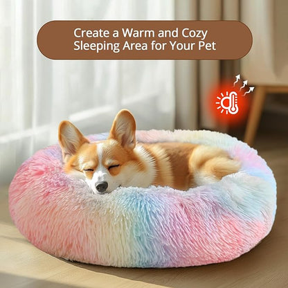 JOLLYVOGUE Donut Dog Bed for Medium Dogs, Anti-Anxiety Washable Round Bed, Calming Donut Dog Cat Bed for Puppy Bed, Fluffy Dog Beds for Large Dogs, Round Puppy Bed for Indoor Pet (31"/Rainbow