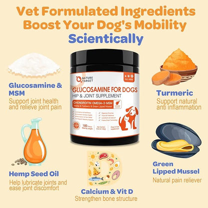 NATURE TARGET Glucosamine for Dogs - Hip and Joint Supplement for Dogs, 180 Crunchy Chews, Glucosamine Chondroitin, Omega-3, MSM, Turmeric for Pain Relief, Dog Joint Supplement Large & Small Breed