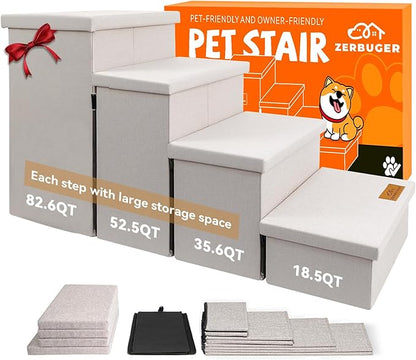 Dog Stairs with Storage 23" H, 4-Step Wider Dog Steps for High Beds Window, Folding Sturdy Pet Stairs Gift for Small/Medium/Large Dogs Cats, Dog Ramp for Climbing Car Hold Up to 200 lbs, Beige Gray